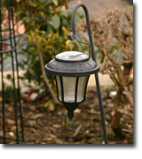 Picture of a hanging solar light in a garden.